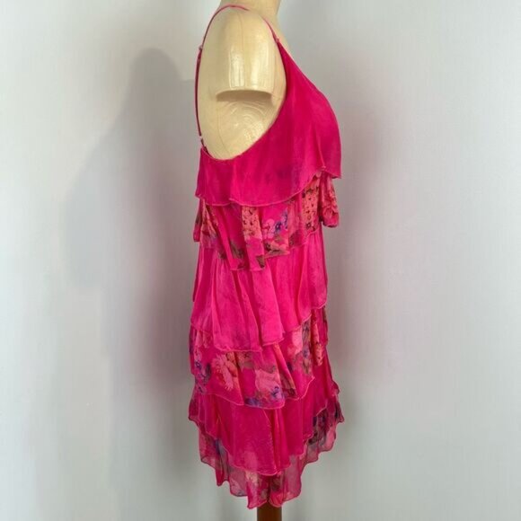 Vintage Bella Amore Women's Small Pink Ruffled Tiered 100% Silk Mini Dress Italy - Picture 2 of 16